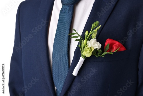 Groom in suit with stylish boutonniere on white background, closeup