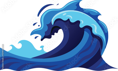 Powerful ocean wave in blue shades crashing, illustrated in a dynamic cartoon style