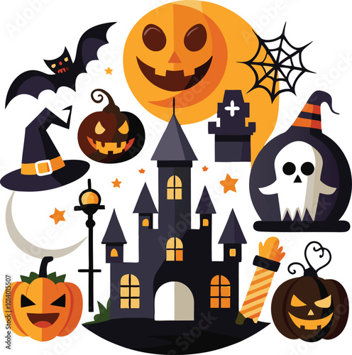 Sets of Halloween scary elements spooky items 