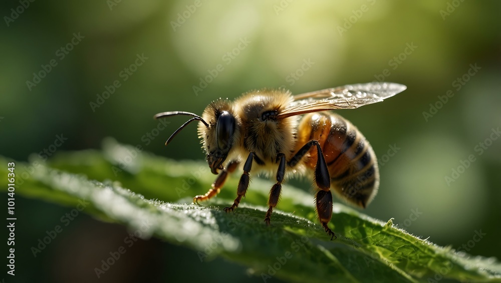 A stunning macro view captures a honeybee on a green leaf, illuminated by sunlight. A stunning macro view captures a honeybee on a green leaf, illuminated by sunlight.