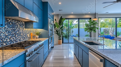 Modern kitchen with blue cabinets, granite countertops, and stainless steel appliances, overlooking a patio with lush greenery.