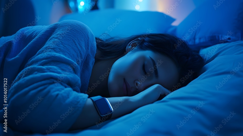 Person sleeping soundly in a comfortable bed with a sleep tracker on their wrist, showcasing the importance of quality sleep for overall health Person sleeping soundly in a comfortable bed with a sleep tracker on their wrist, showcasing the importance of quality sleep for overall health