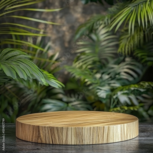 Wooden podium on the wooden floor in front of tropical plants.