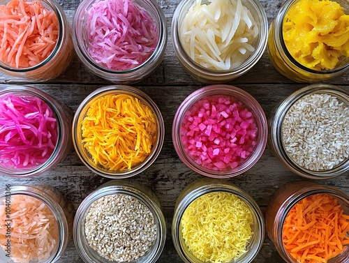 Vibrant Culinary Canvas: A Stunning Poster of Colorful Jars with Fermented Vegetables, Seasoned Rice, and Pickled Onions for Brightening Up Your Sports Interior