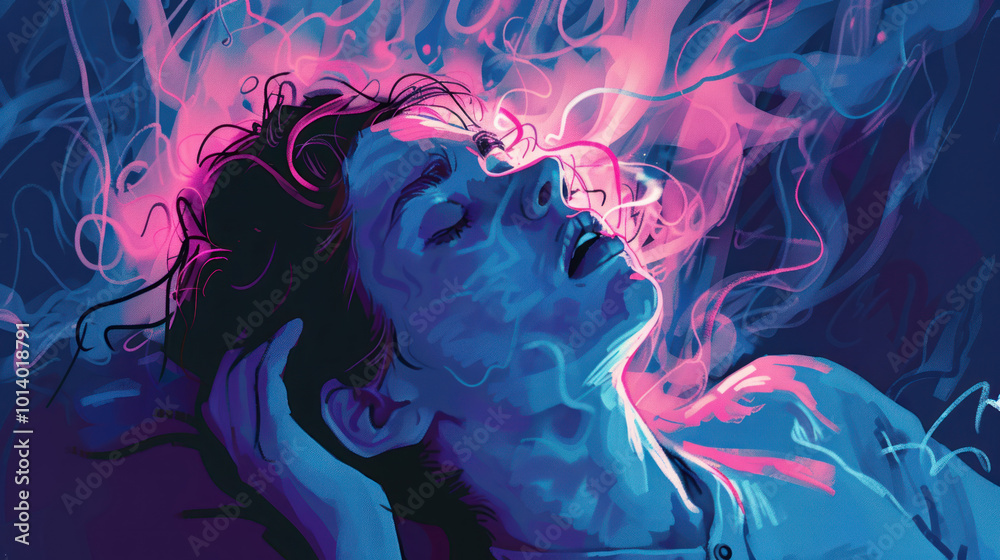 A visual of someone waking up in a panic from an anxiety dream, struggling to calm down.