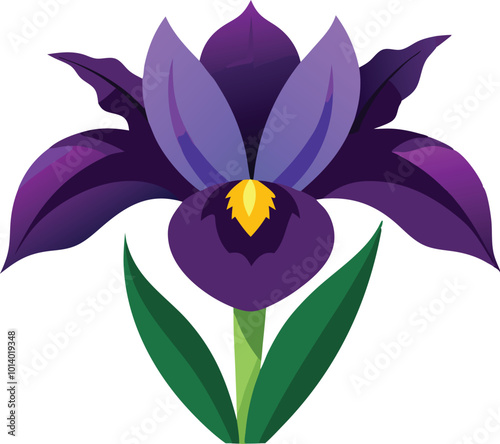 Vibrant purple iris flower with detailed petals and leaves, cartoon style illustration