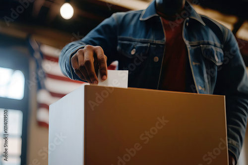 Close-up of a voter dropping their ballot into a voting box, American flag in the background, focus on civic duty.