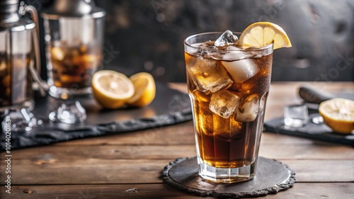 Classic Long Island iced tea with mixed spirits and cola, strong summer cocktail.