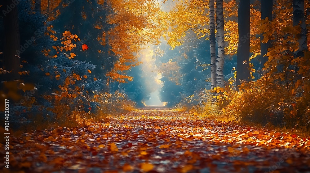 Fototapeta premium Idyllic Autumn Forest Surrounded by Warm Sunset Glow Perfect Nature Background