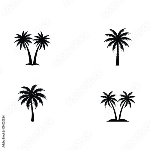 silhouette one color palm and coconut tree set