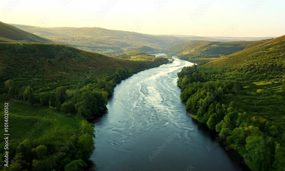 A drone capturing a serene river meandering through hills. Video A drone capturing a serene river meandering through hills. Video