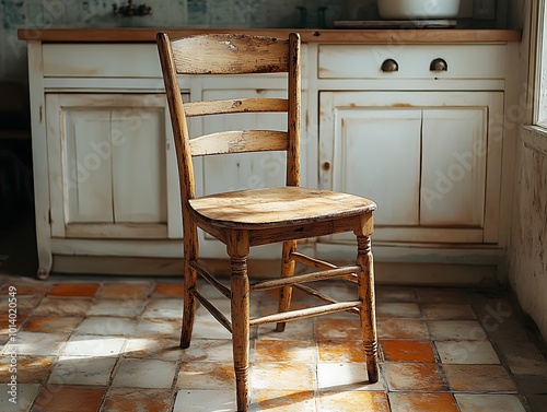 Vintage wooden ladderback chair rustic kitchen setting classic farmhouse decor warm natural light worn texture photo