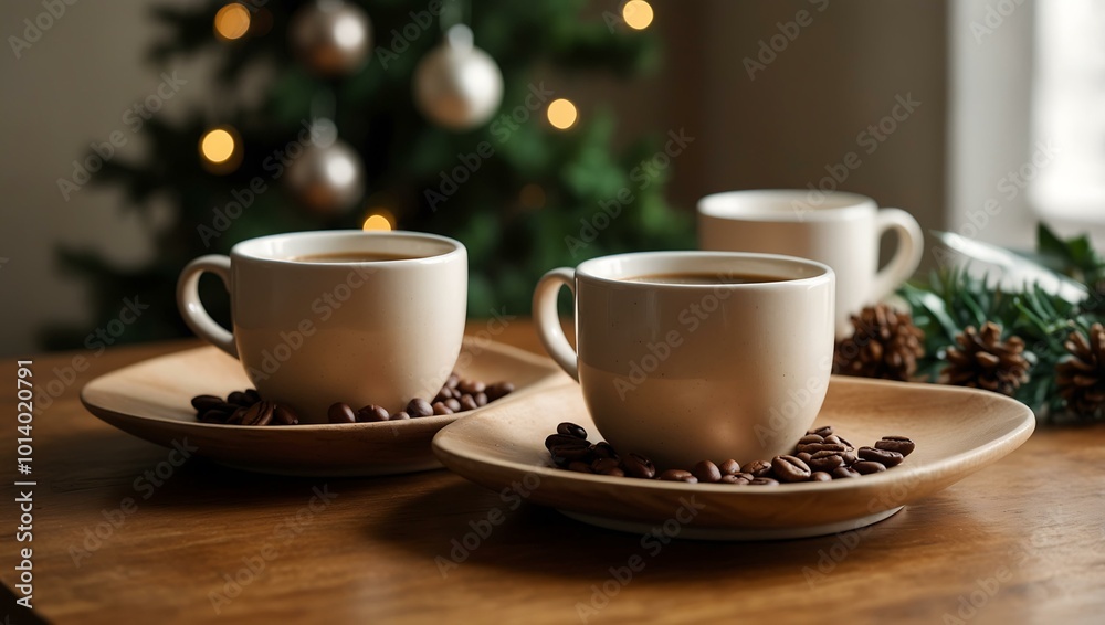 A wooden table showcasing coffee cups and a beige coaster for a holiday setting. A wooden table showcasing coffee cups and a beige coaster for a holiday setting.
