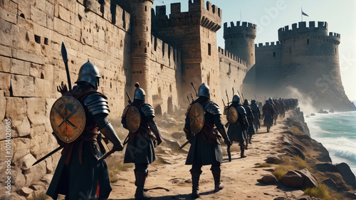 Within the sprawling fortress, soldiers man the battlements, their shields raised and swords at the ready as they repel wave after wave of enemy assaults, Generative AI