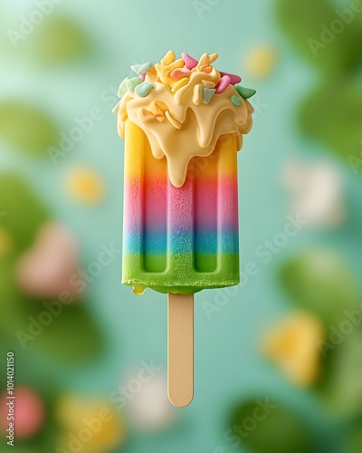 Extreme close up shot of a hand firmly grasping a rainbow hued dripping popsicle with detailed textures of the fingers and icy treat set against a blurred lush foliage backdrop photo