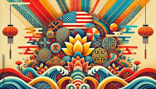 Topical colors / asian patterns, for Asian American and Native Hawaiian heritage / Pacific Islander Heritage Month (APAHM) or asian american pacific islander (AAPI) heritage month in may