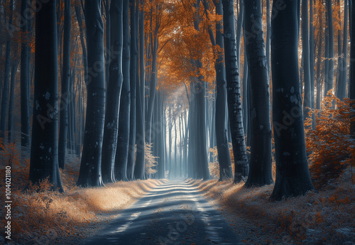 Serene Forest Path with Tall Trees and Unique Foliage Colors photo