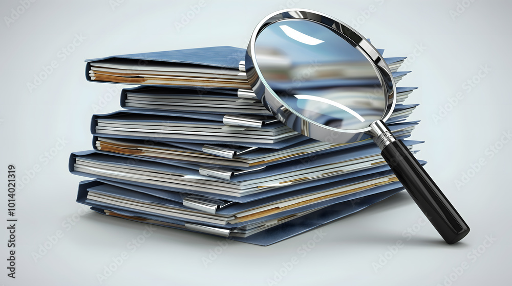 Blue folders with papers and a magnifying glass on white background. Concepts of research, analysis, audit Blue folders with papers and a magnifying glass on white background. Concepts of research, analysis, audit