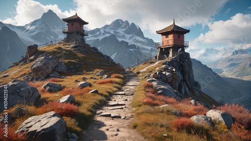 At the mountain pass, watchtowers stand sentinel, their lookout posts providing early warning of any approaching enemy forces, Generative AI