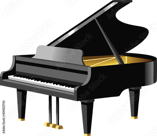 Black grand piano with open lid, illustrated in a classic and elegant cartoon style
