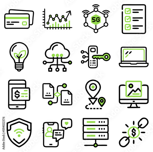 Digital business icons set featuring credit card, stock chart, 5G network, and more on a minimalistic background with copy space, set 6