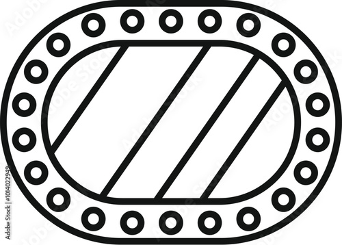 Simple black and white line drawing of an oval porthole illuminating a striped surface behind