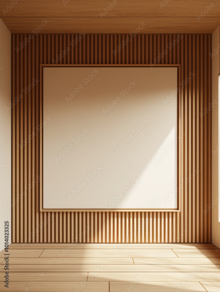 Interior with a Large Wooden Wall Featuring White Vertical Panels, Showcasing a Blank Square Frame on the Left in Soft Beige and Light Oak Color Scheme Interior with a Large Wooden Wall Featuring White Vertical Panels, Showcasing a Blank Square Frame on the Left in Soft Beige and Light Oak Color Scheme