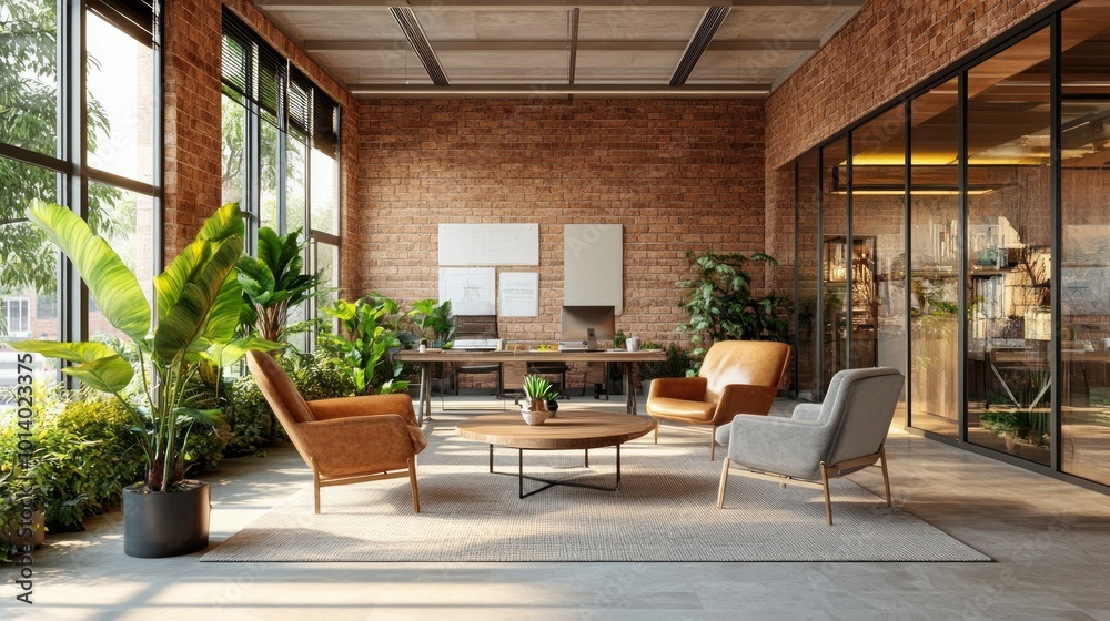 Modern office interior design with large windows, brick walls, and comfortable seating. Modern office interior design with large windows, brick walls, and comfortable seating.