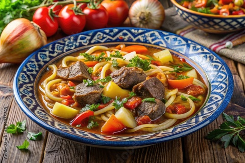 Delicious lagman served in a colorful bowl with fresh vegetables and meat. Generative AI