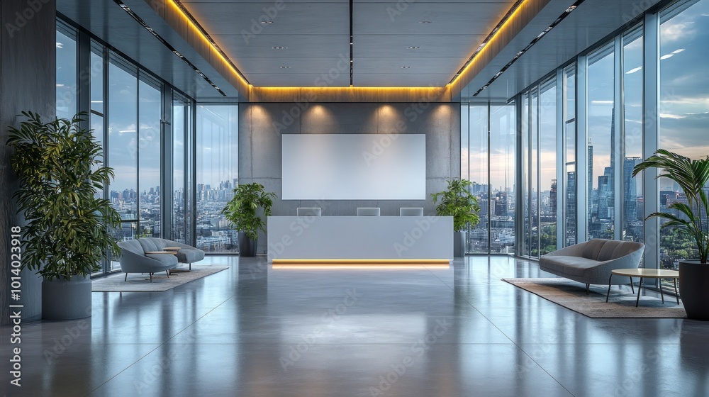 Modern office lobby with a reception desk,  waiting area and a large blank canvas on the wall.