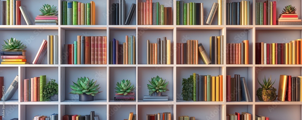 A minimalist bookshelf, constructed from vertical and horizontal lines in a grid pattern, filled with books and succulents A minimalist bookshelf, constructed from vertical and horizontal lines in a grid pattern, filled with books and succulents