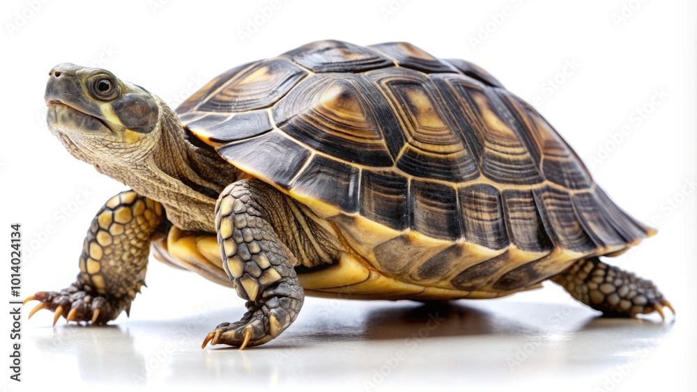 Greek turtle walking forward with its head extended indoors on a clean surface. Generative AI Greek turtle walking forward with its head extended indoors on a clean surface. Generative AI