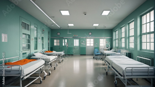 Within the prison infirmary, inmates receive medical care and treatment, their ailments tended to by nurses and doctors amidst the stark surroundings of the healthcare facility, Generative AI
