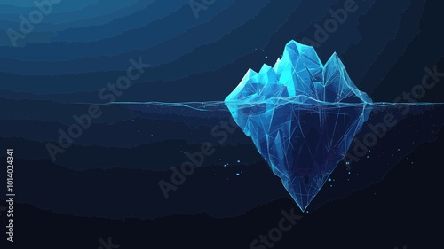 Futuristic Polygonal Antarctic Iceberg in Ocean on Dark Blue Technology Background - Abstract Big Data and Success Metaphor - Low Poly Wireframe Vector Illustration
