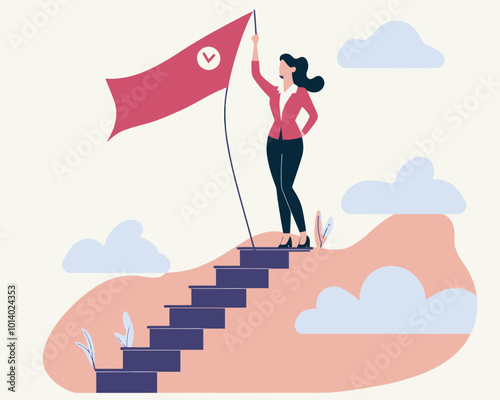 Successful Female Entrepreneur Holding Winning Flag, Career Achievement and Future Visionary Concept, Minimalist Vector