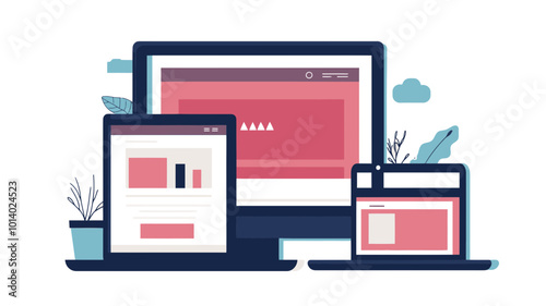 Responsive Web Design Illustration Showing Development and Page Construction Across Devices Including Desktop, Tablet, and Mobile