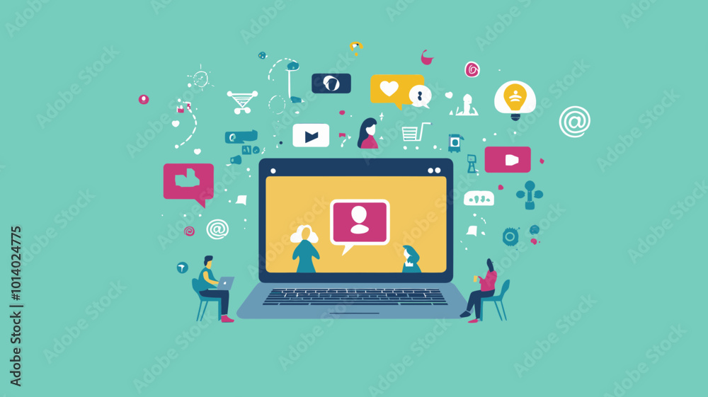 Modern Flat Design Vector Illustration of Social Network Advertising Concepts with People Connecting Online Through Digital Marketing on Laptop Screen Modern Flat Design Vector Illustration of Social Network Advertising Concepts with People Connecting Online Through Digital Marketing on Laptop Screen