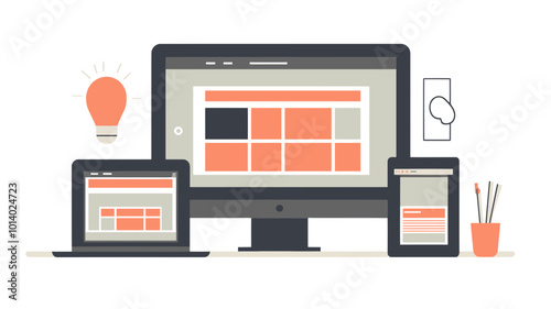 Responsive Web Design Illustration Showing Multi-Device Compatibility with Desktop, Laptop, Tablet, and Smartphone for Website Layout Adaptability Concept