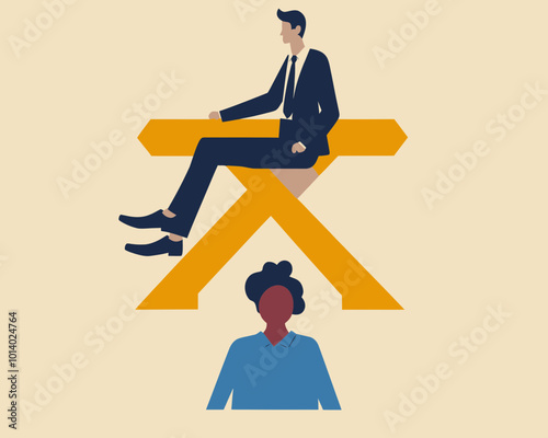 Human Inequality and Injustice Illustration: Businessman Sitting Above Symbolic Injustice with Person of Color Below, Reflecting Discrimination and Racism in Flat Minimalist SVG Vector