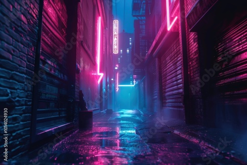 A neon sign is lit up in a dark alleyway, generative ai image