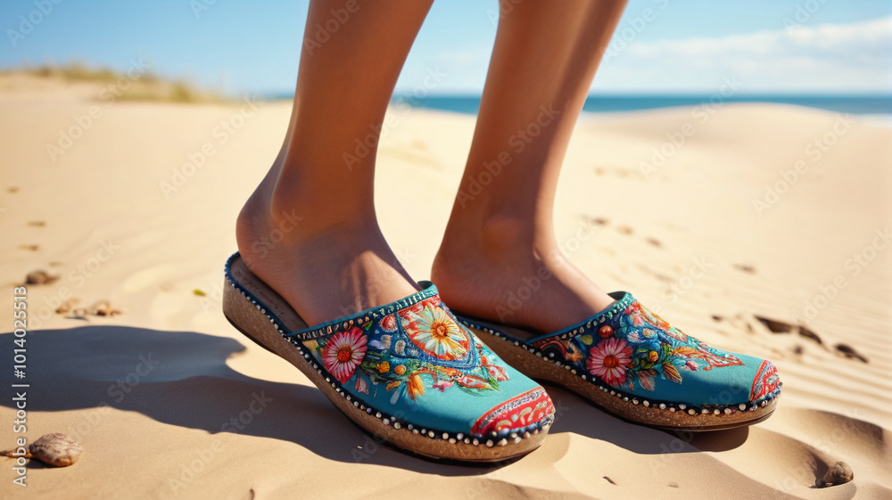 Naklejka premium On the sandy dunes, women frolic in bohemian-inspired beach clogs adorned with intricate beadwork and embroidered patterns, reflecting a laid-back vacation style, Generative AI