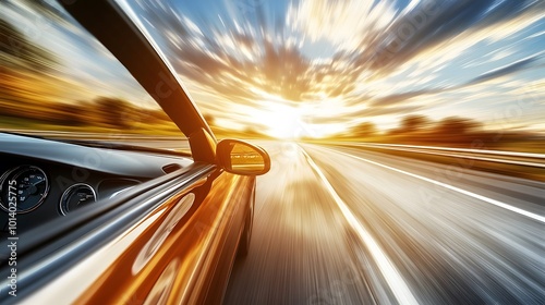 Point-of-view perspective from a car on a highway, conveying motion and travel, with blurred scenery suggesting movement