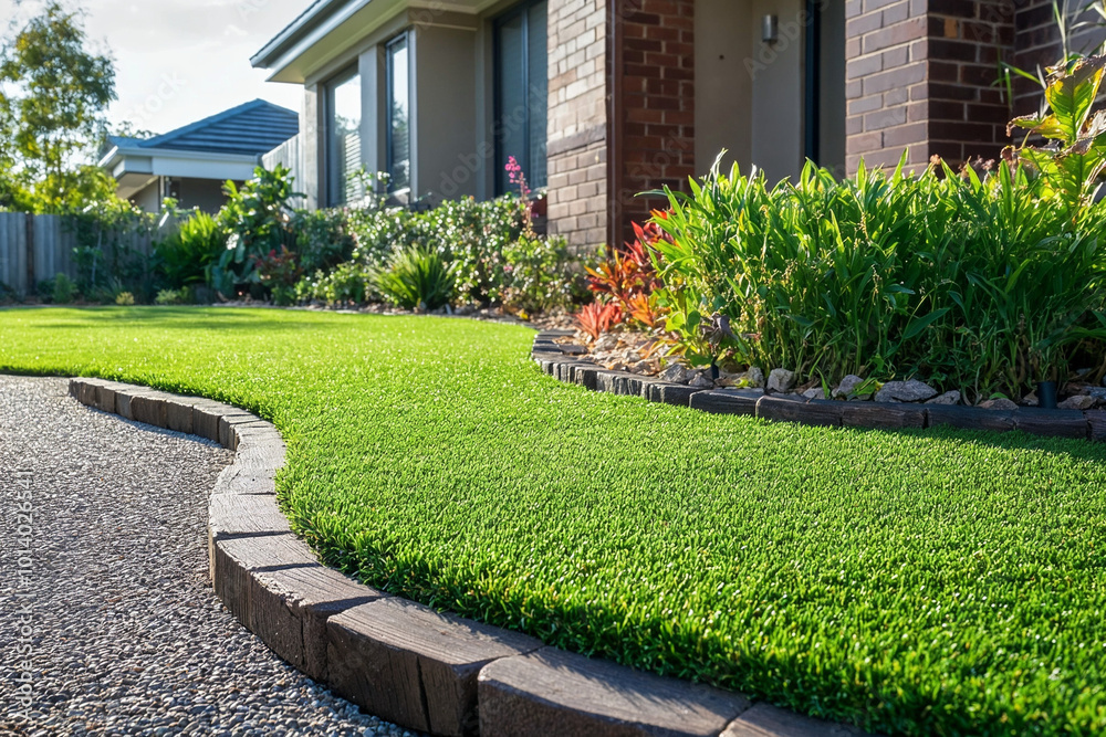 Obraz premium Close up of artificial grass lawn. Synthetic grass front yard - modern house. Artificial lawn.