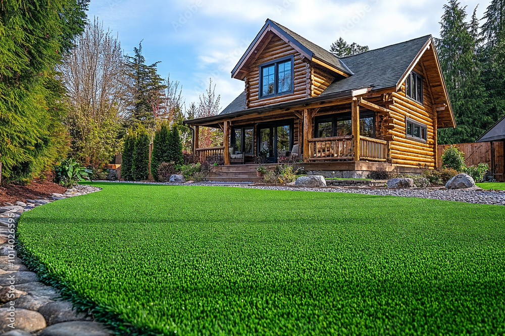 Fototapeta premium Traditional cabin home front yard features artificial grass lawn. Synthetic turf. 