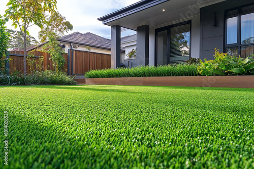 Close up of artificial grass lawn. Synthetic grass front yard - modern house. Artificial lawn.