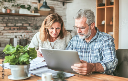 Senior couple reviewing financial documents together on a laptop, symbolizing retirement planning and budgeting. 