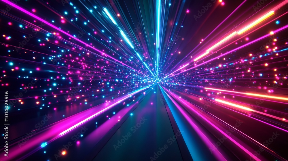 Naklejka premium Vibrant VJ light effects with particles for concert, dance, and EDM events. Ideal for music stages, party openers, title sequences, and neon-lit LED tunnel backgrounds.