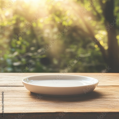 Empty plate on wooden table in front of nature background, product display montage