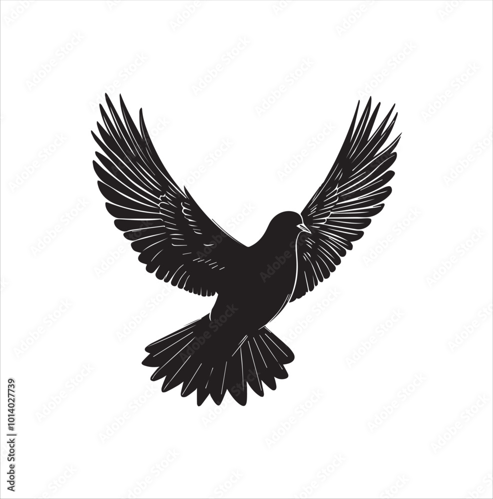 Fototapeta premium pigeon isolated on white background, bird, silhouette, eagle, vector, flying, animal, illustration, wing, nature, black, birds, dove, feather, wings, tattoo, fly, hawk, design, wildlife, flight, freed