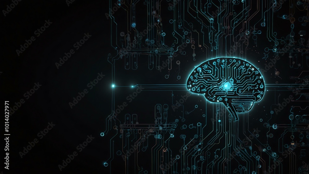 AI brain icon with circuit design on a black background, representing technology. AI brain icon with circuit design on a black background, representing technology.